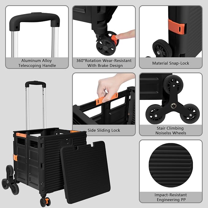 FELICON SELORSS Folding Utility Climber Cart Portable Rolling Crate-Black | Stair Climbing Wheels+360°Swivel Wheels,Telescoping Handle,Plastic Box Dolly for Travel Shop Move Laundry Office Teacher Use - Image 2