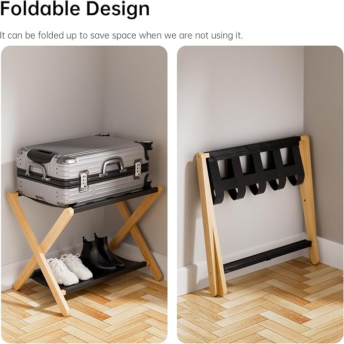 HITNET Luggage Rack 2 Pack, Folding Suitcase Stand for Guest Room, Bamboo Luggage Holder with Storage Shelf for Hotel Bedroom, Natural - Image 3