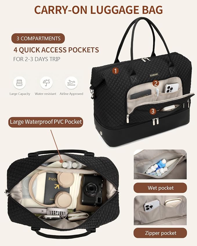 Weekender Bags for Women, Travel Duffle Bag Carry On Overnight Bag with Cosmetics Bag and Crossbody Purse for Gym Hospital, Gifts for Women, Black - Image 5