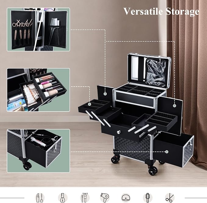 Professional Makeup Train Case Extendable Cosmetology Case on wheels | Rolling makeup station with a drawer and trays, ideal for makeup artists or dance competitions. Super organized. - Image 3
