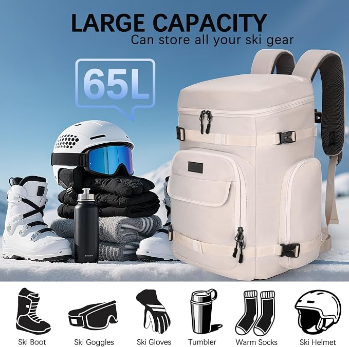 65L Waterproof Ski Boot Bag, Heavy Duty Snowboard Backpack for Helmet Goggles Gear, Air Travel Winter Sports Bag - Image 2