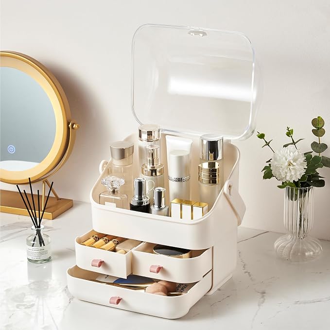Large Makeup Organizer w Drawers Beauty Organizer Makeup Box Holder Vanity Organization Desk Countertop MakeUp Organizers Bathroom Counter Organizer Skincare Cosmetic Case Stand Dustproof Lid Gift - Image 3
