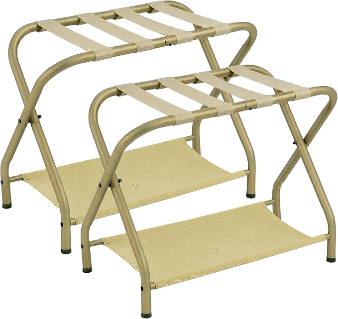 Heybly Luggage Rack for Guest Room, Pack of 2, Steel Folding Suitcase Stand with Storage Shelf for Bedroom, Hotel, Foldable Steel Frame, Guest Room 26.2" L x 14.4" W x 20.5" H, Gold HLR004J2 by HEYBLY