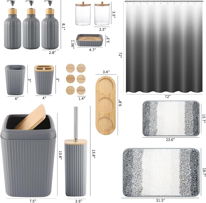 32PCS Grey Bathroom Accessories Set with Shower Curtain,Rugs,Trash Can,3PCS Lotion Soap Dispenser, Toothbrush Holder, Soap Dish,Tumbler Cup,6PCS Wood Tags Bath Accessories with Tray for Bathroom - Image 6