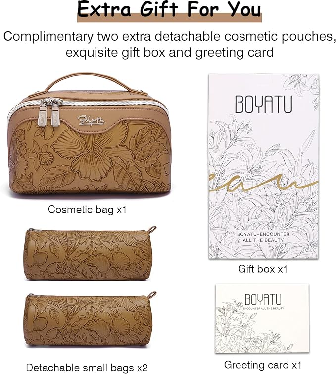 BOYATU Travel Makeup Bags Cosmetic Organizer Bag: 3-Set Large Capacity Make up Bag - PU Leather Toiletry Bags for Women - Wide Open Portable Pouch with Divider & Handle (01-Z-Brown) - Image 5