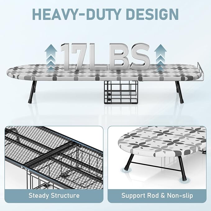 Tabletop Ironing Board with Iron Holder, Foldable Mini Small Iron Board, Iron Rest & Hanger Hook, Heat Dirt Resistant Cover, Portable for Travel Apartment Sewing Laundry - Image 5