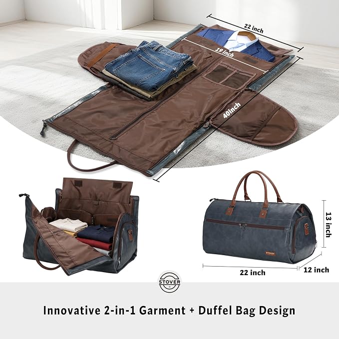 STOVER Garment Travel Duffle Bag, Large 2-in-1 Convertible Carry-on Luggage for Men & Women- Hanging Suits, Dresses & Clothes + Shoe Compartment- Weekender Tote Combo Duffel (Blue Leatherette) - Image 2