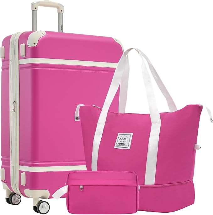 Merax 28 Inch Checked Luggage, Expandable Suitcase with Spinner Wheels, Hard Shell Vintage Luggage Set with TSA Lock(Pink) by Merax