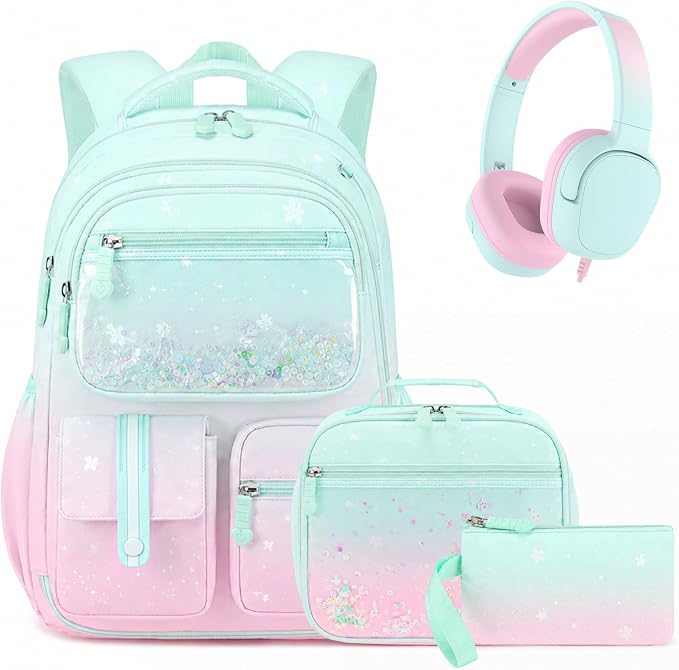 ACESAK Kids Backpack for Girls, Mermaid Backpack Set with Over-ear headphones, Lunch Bag Set for School, Girls Backpack for Elementary Middle school Teen Student(Pink Green) by ACESAK