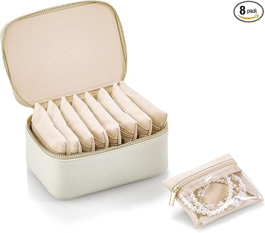 VLANDO Travel Jewelry Case with 8 Velvet Jewelry Bags Jewelry Travel Organizer Box for Girls Jewelry Box for Rings Earrings Brides Gifts Birthday Gifts for Women Teen(White) by VLANDO