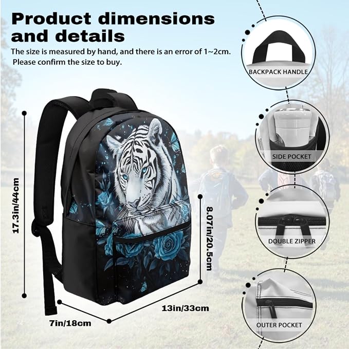 4Pcs White Tiger Backpacks for School Girls Backpack and Lunch Box Set, Blue Rose Kids School Bag with Lunch Box Pencil Case Water Bottle Holder for Elementary Kindergarten Preschool - Image 3