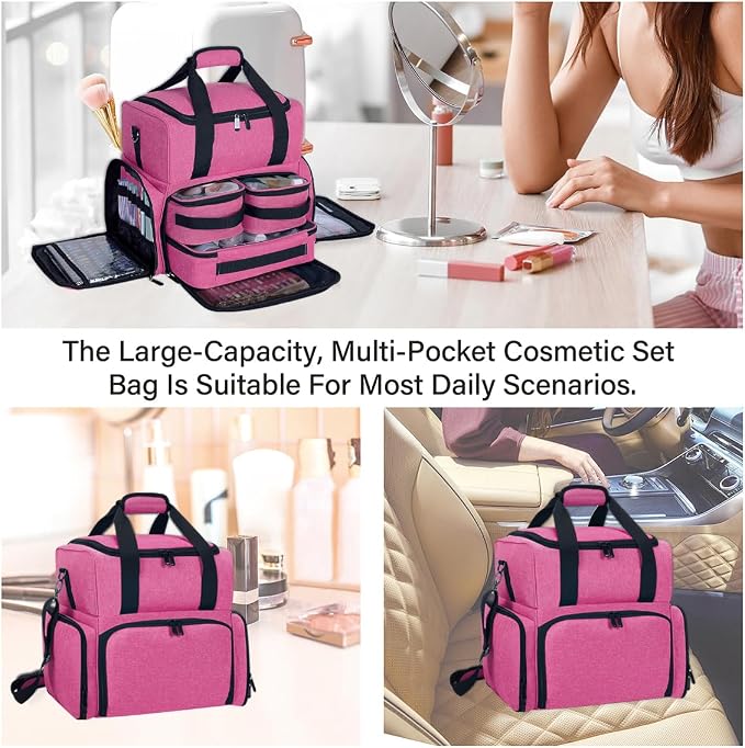Large Makeup Bag Double Layer with 3 Removable Case,Rose Red | Large Makeup Bag with 3 Removable Case and 2 Removable Dividers Double Layer Travel Cosmetic Makeup Brushes Storage Section - Image 6