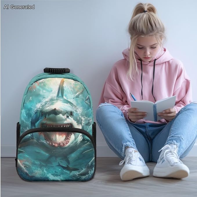 Boys School Backpack with Lunch Bag Deep Sea Shark Kindergarten School Supplies for Kids Ages 7-10 Boys Polyester Fabric Lightweight Fortable Back to School Backpack - Image 2