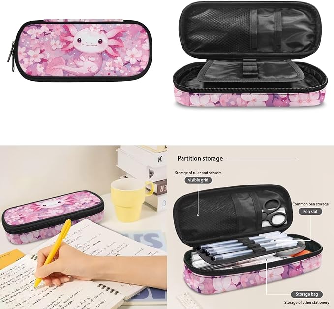 Axolotl Kids Backpack for School Girls Axolotl School Bookbag with Lunch Box Pencil Case Set 3Pcs Floral Kids 17inch Cute Schoolbag Primary Middle School - Image 6