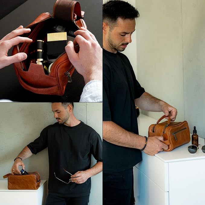 BERLINER BAGS Vintage Genuine Leather Toiletry Bag Tim M, Large Capacity Cosmetics Bag for Men and Women for Travel, Gift for Dad - Brown - Image 7