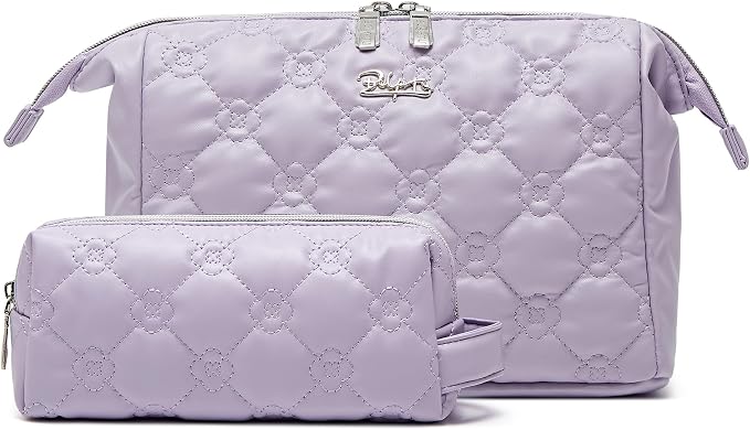 BOYATU Travel Makeup Bag Cosmetic Pouch: 2 Pcs Set Waterproof Vegan Leather Cosmetic Bags for Women - Cute Quilted Skincare Make up Toiletry Bag for Girl (03-Purple) by BOYATU