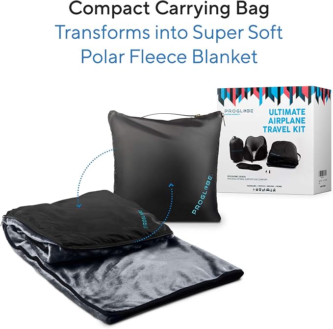 Proglobe Travel Blanket Luxury Travel Set - Ergonomic Airplane Neck Pillow 100% Pure Memory Foam and Super Soft Fleece Blanket - Premium 3D Sleep Mask & Earplugs - Ultimate 4-in-1 Traveling Kit Black - Image 6
