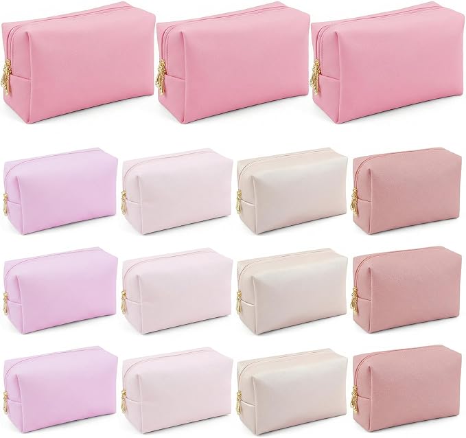 15 Pcs Pink Makeup Bag Bulk PU Cosmetic Pouches Preppy Waterproof Travel Toiletry Bags Aesthetic Storage Organizer Bags Party/Birthday Gift Favors for Teen Girls Women(Pink Series) by Unknown