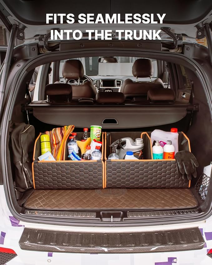 Owleys Rear Cargo Organizer For SUV | Set Of 17.7" & 21.6" Eco-Leather Crates | Foldable Car Storage With Magnetic Lids | Durable Car Trash Bin & Tote | Stylish Gifts For Boyfriend | Black-Brown - Image 5