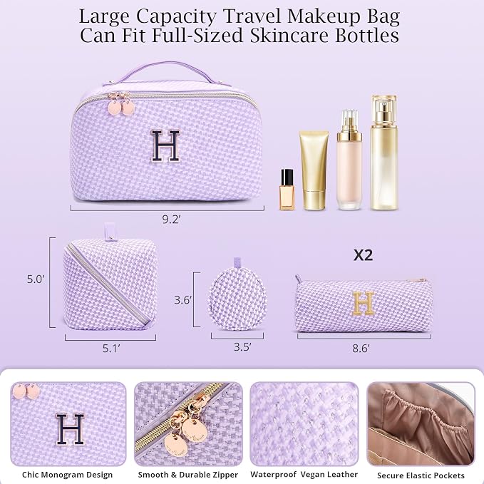 Personalized Gift Travel Makeup Bag: Initial Makeup Organizer Bag for Women | 3-in-1 Custom Make up Bag Set - Vegan Leather Travel Cosmetic Bag - Luxury Gift for Women – Birthday, Anniversary, Graduation - Image 6