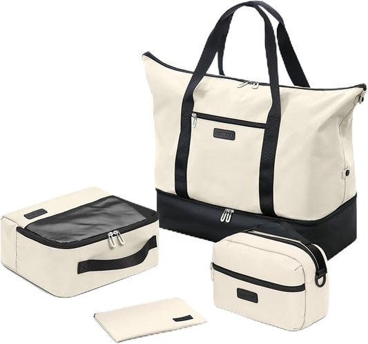 Oeihuivt Weekender Bags for Women with 3 Extra Pack - 21 Inch Large Travel Duffel Bag Set with Shoe Compartment, Heavy-Duty nylon Carry On Overnight Tote Black+Beige by Oeihuivtweekenderbag