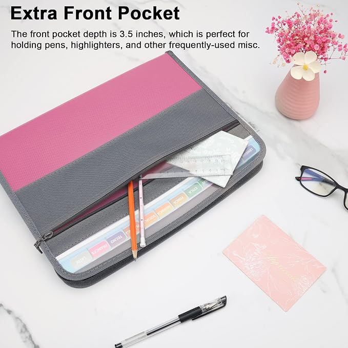 NAFY Expanding File Folders, 2Pack 13 Pockets Document Organizer with Zipper, A4 Letter Size Portable Accordion Expanding File Folders with Multicolor Labels for Office School Supplies (Black+Pink) - Image 4