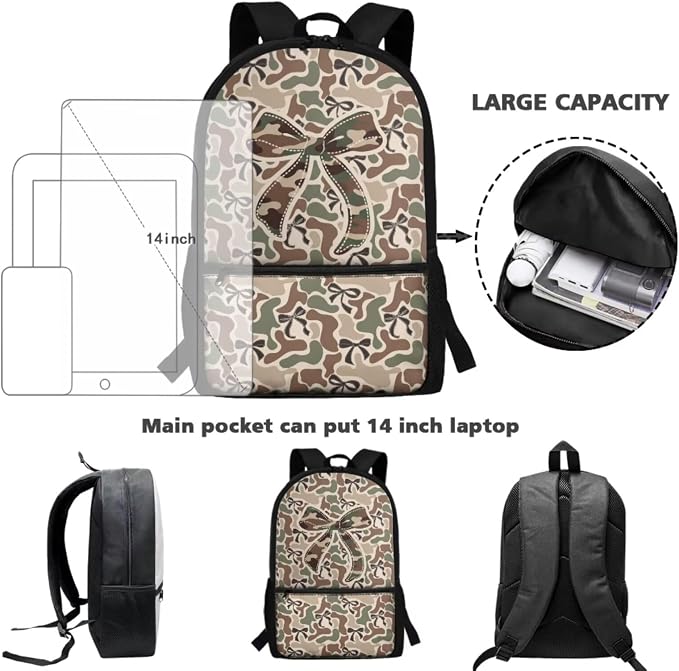 Camo Backpack Girls Camouflage Bow Backpack with Lunch Box 4 Piece School Bag Set 17'' Large Capacity Holds 15+ Books, Adjustable Padded Strap Reduce the Stress by 40% - Image 4