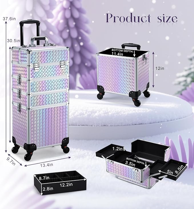 Stagiant Rolling Makeup Case Cosmetology Case on Wheels 4 in 1 Makeup Travel Case Extra Large Cosmetic Box with Key Make Up Artist Traveling Storage Nail Case Salon Barber Cart Trunk Pinkish Purple - Image 5