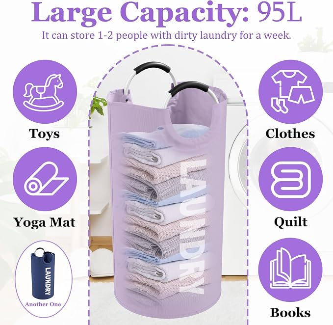 Set of 2 Large Laundry Baskets for Adult, 95L Collapsible Laundry Baskets with Aluminum Handles, Portable Dirty Clothes Hampers for Bedroom, Travel, Purple + Navy Blue - Image 2