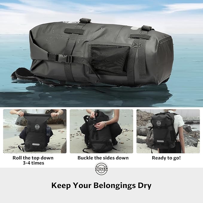 STOVER 30/40/55L Waterproof Dry Backpack & Phone Case- X-Large Floating Dry Bag for Kayaking, Travel, Hiking, Fishing, Camping, Motorcycles & Beach, Heavy-Duty Roll Top Men/Women (Black) - Image 4