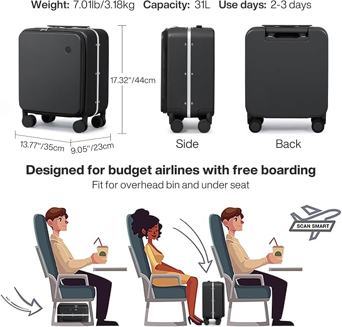 mixi 17x14x9 Carry On Luggage Underseat PC Hard Shell Suitcase Top Opening Aluminum Frame Travel Suitcases with Wheels, Black - Image 6