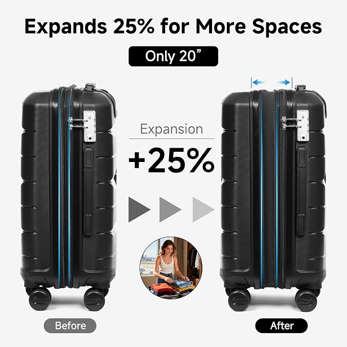 Somago 20" Carry On Luggage and 14" Mini Cosmetic Cases Travel Set Lightweight Polypropylene Suitcase with TSA Lock YKK Zipper Hardside Luggage with Spinner Wheels (2 Piece Set, Classic Black) - Image 2