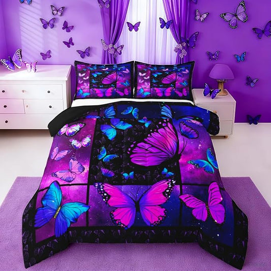 Erosebridal Butterfly Comforter Set Starry Sky Galaxy Comforter Blue Purple Butterfly Bedding Sets Twin for Kids Girls Teens Women Bed,Aesthetics Butterflies Quilt Duvet Set 1 Pillow Case Room Decor by Erosebridal