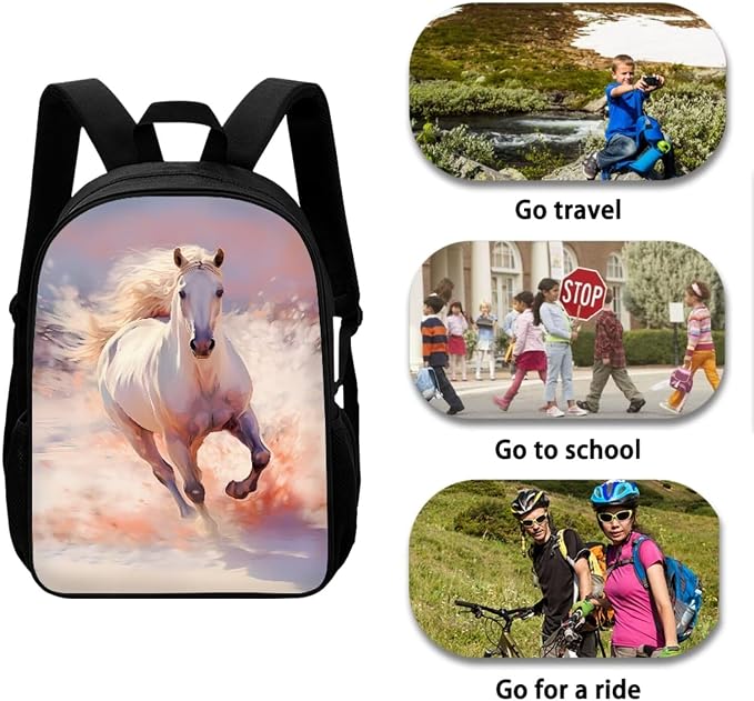 Mumeson White Horse Backpack Kids School Backpacks Satchel Casual Rucksack Daypack for Girls Boys Casual Rucksack Backpack with Lunch Bag Messenger Tote Bag Pencil Bag 3 Pieces - Image 4