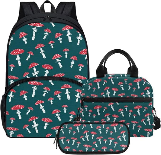 Green Mushroom Backpack with Lunch Box and Pencil Case Girls Comfy Padded Cute School Backpack Set of 3 Bookbag for Student Lightweight Large Capacity Daypack by Parprinty