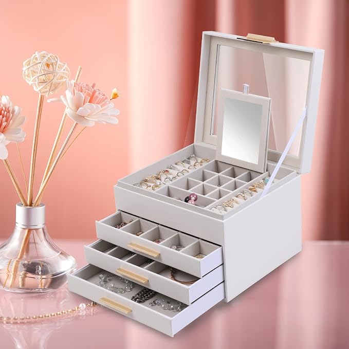 BOOVO Clear Lid Jewelry Box,3 Layers Jewelry Organizer Large Jewelry Storage Box with 2 Drawers,Jewelry Holder Organzier of Rings Earrings Necklace Bracelets for Women (White, 4 Layer) - Image 6
