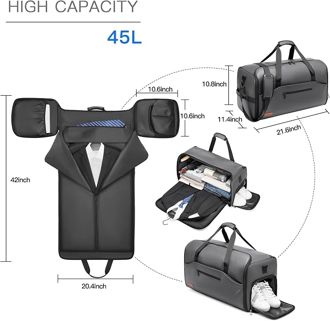 Garment Bags for Travel,45L Carry on Convertible Garment Duffle bag for Men Women - 3 in 1 Hanging Suit Travel Bag with Shoulder Strap - Image 2