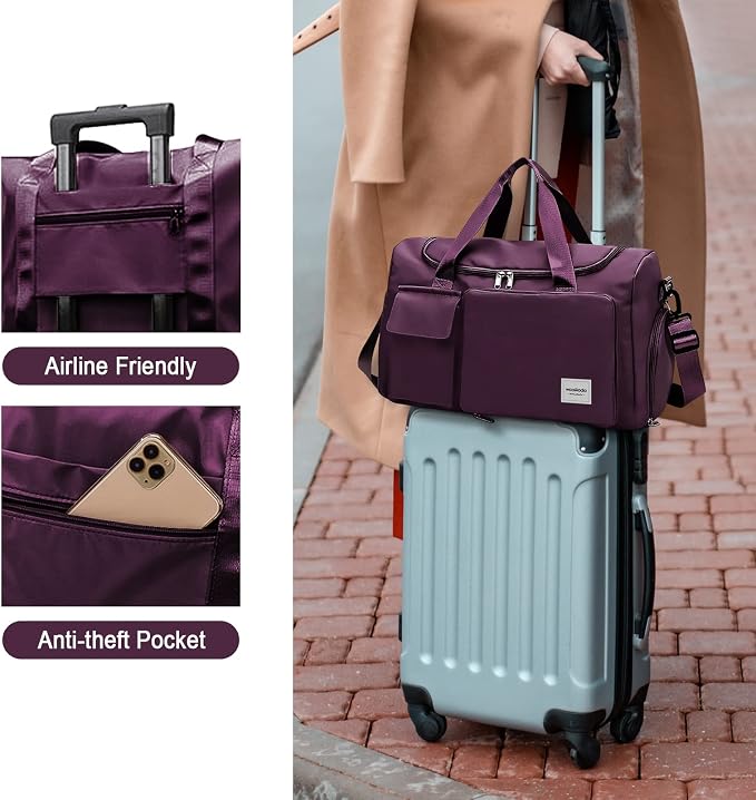 WOOMADA Foldable Travel Duffel Bag with Shoes Compartment, Overnight Bag with Wet Pocket & Trolley Sleeve, Weekender Bags for Women (purple) - Image 6