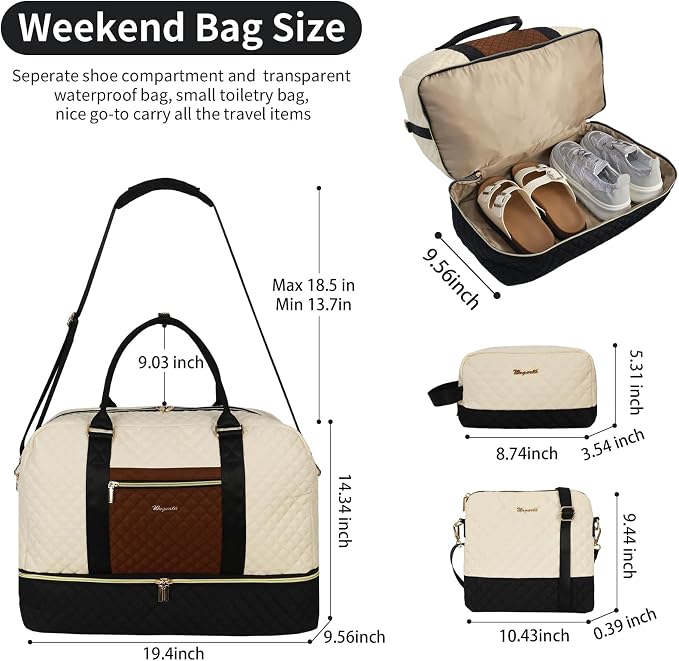 Wogarl 3PCS Weekender Bags for Women Large Overnight Bag Weekend Travel Duffel Bag Carry on Shoulder with Shoe Compartment Canvas Toiletry Bag for Travel Business Gym,Black Beige Brown - Image 2