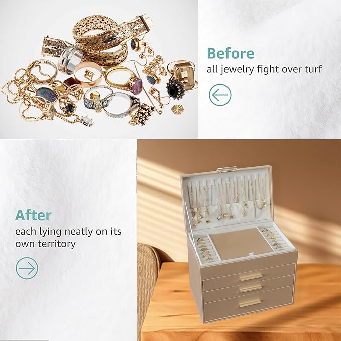 BOOVO Jewelry Boxes for Women, White and Black 6 Layer Large Jewelry Box for Necklace, Bracelet, Earrings, Rings Storage, Jewelry holder Organizer for Girls Gift (Champagne, 5 Layer) - Image 7