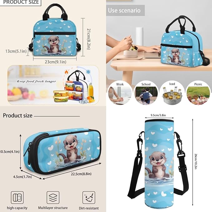 Children Schoolbag Set 4Piece Set Cartoon Otter Backpack with Lunchbox Insulated Lunchbag+Pencil Case+Water Bottle Carrier Bag for Boys Girls Kindergarten Bookbag Full Set - Image 6