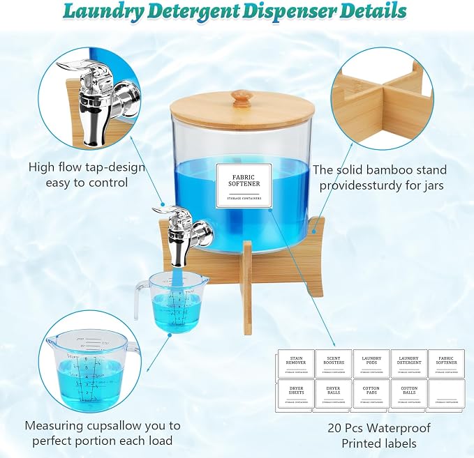Laundry Detergent Dispenser*2 with Shelf & Bamboo Lid for Liquid Detergent, Laundry Soap Scent Booster & Fabric Softener Dispenser for Laundry Room Organization and Storage with 2 Cups & 20 Labels - Image 2