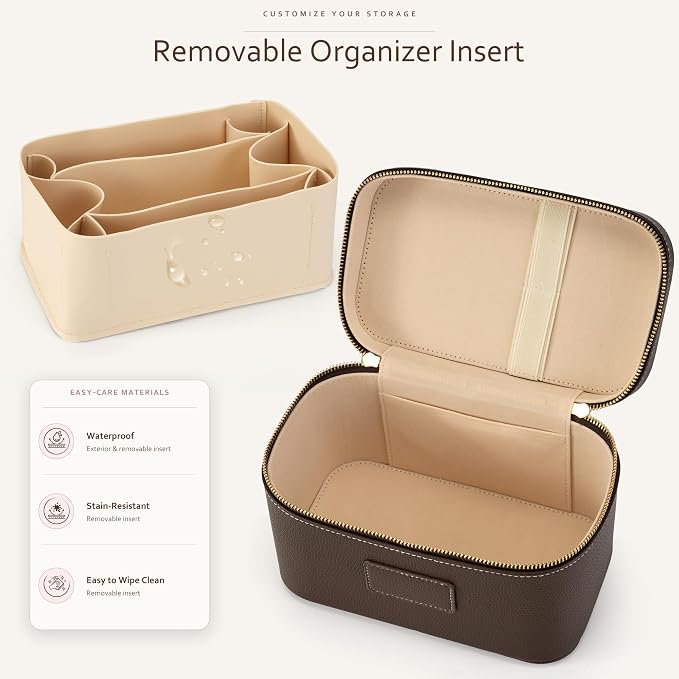 Makeup Bag Travel Toiletry Leather Cosmetic Case, Waterproof Makeup Organizer with Brush Holder, Wipe Clean Removable Divider Vanity Train Bag for Women, Coffe - Image 2