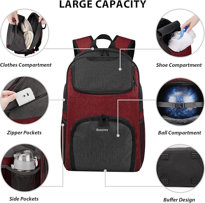 Bosynoy Bowling Backpack, Single Bowling Ball Bag with Shoe Compartment | Bowling Bag Totes with Foam Padded Protection, Fits Shoes Up to US Mens Size 16 and Accessories, Grey - Image 2
