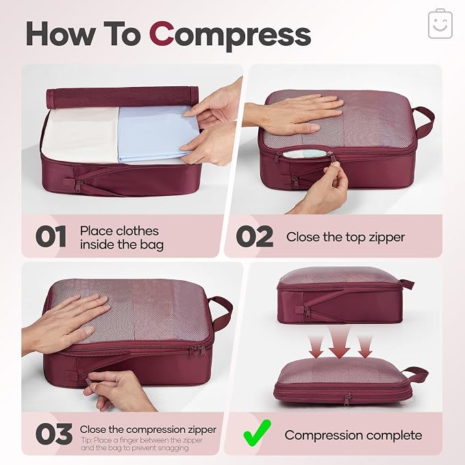 Veken 9/11 Set Compression Packing Cubes for Travel Essentials,Compressible Expandable Luggage Suitcase Organizer Bags with Garment Bag,Space Saver Bags with Over 1000 pcs of Mesh Holes(Wine Red) - Image 3