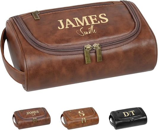 Personalized Leather Toiletry Bag, Brown, Three Layer Structure, Waterproof, Customizable Name Engraving, Travel Organizer for Men, Multi-Occasion Gift (TSN0925) by Handmade