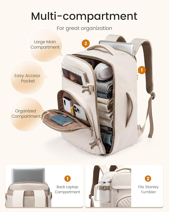 LOVEVOOK 50L Travel Backpack for Women Men, TSA Personal Item Travel Bag Fits 17.3inch Laptop, Waterproof Airline Approved Carry On Luggage With 2 Cubes for Weekender Hiking Business, Beige - Image 3