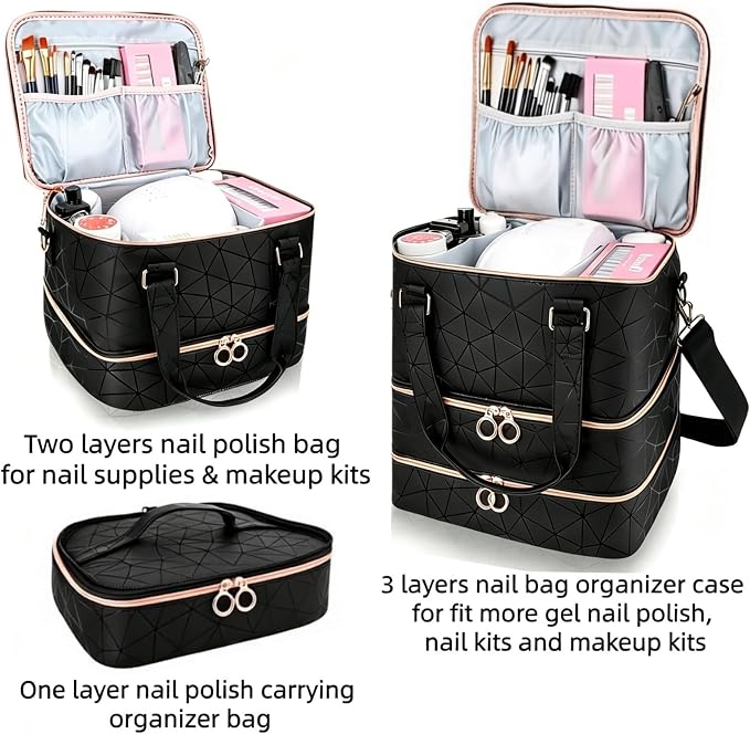 Nail Polish Organizer Bag Holds 84 Bottles & Nail Lamp, 3 Layers Nail Kit Storage Carrying Case Pu Leather, Large Nail Supplies Organizer With Shoulder Strap, Portable Travel Nail Bag For Nail Tech - Image 3