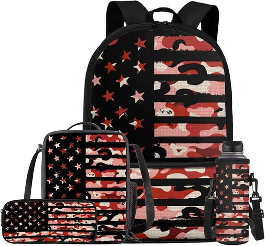 American Flag Camo Backpack for Boys Kids Backpack with Lunch Box Water Bottle Pouch and Large Pencil Case 4PCS Set Bookbag with Front Pocket for School 17" Lightweight School Bag for Girls by ELEDIZI