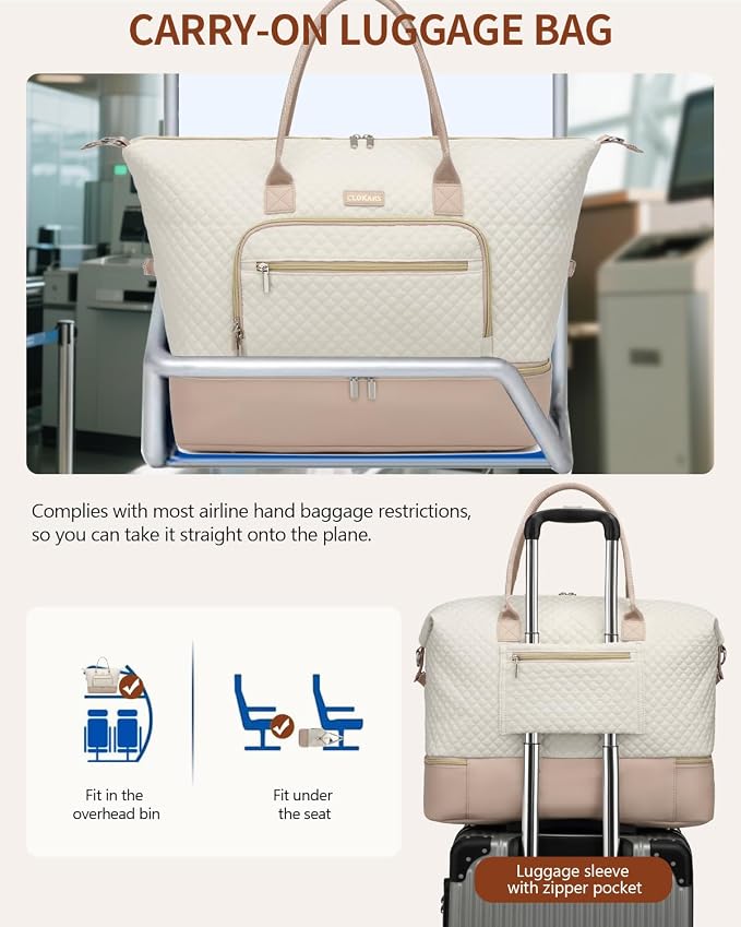 Weekender Bags for Women, Travel Duffle Bag Carry On Overnight Bag with Cosmetics Bag and Crossbody Purse for Gym Hospital, Gifts for Women, Beige Pink - Image 7